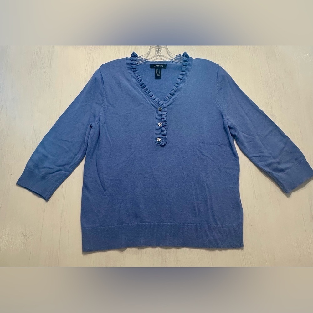 Lands’ End Women’s M Petite Ruffle V-Neck Sweater Blue 3/4 Sleeve Pullover